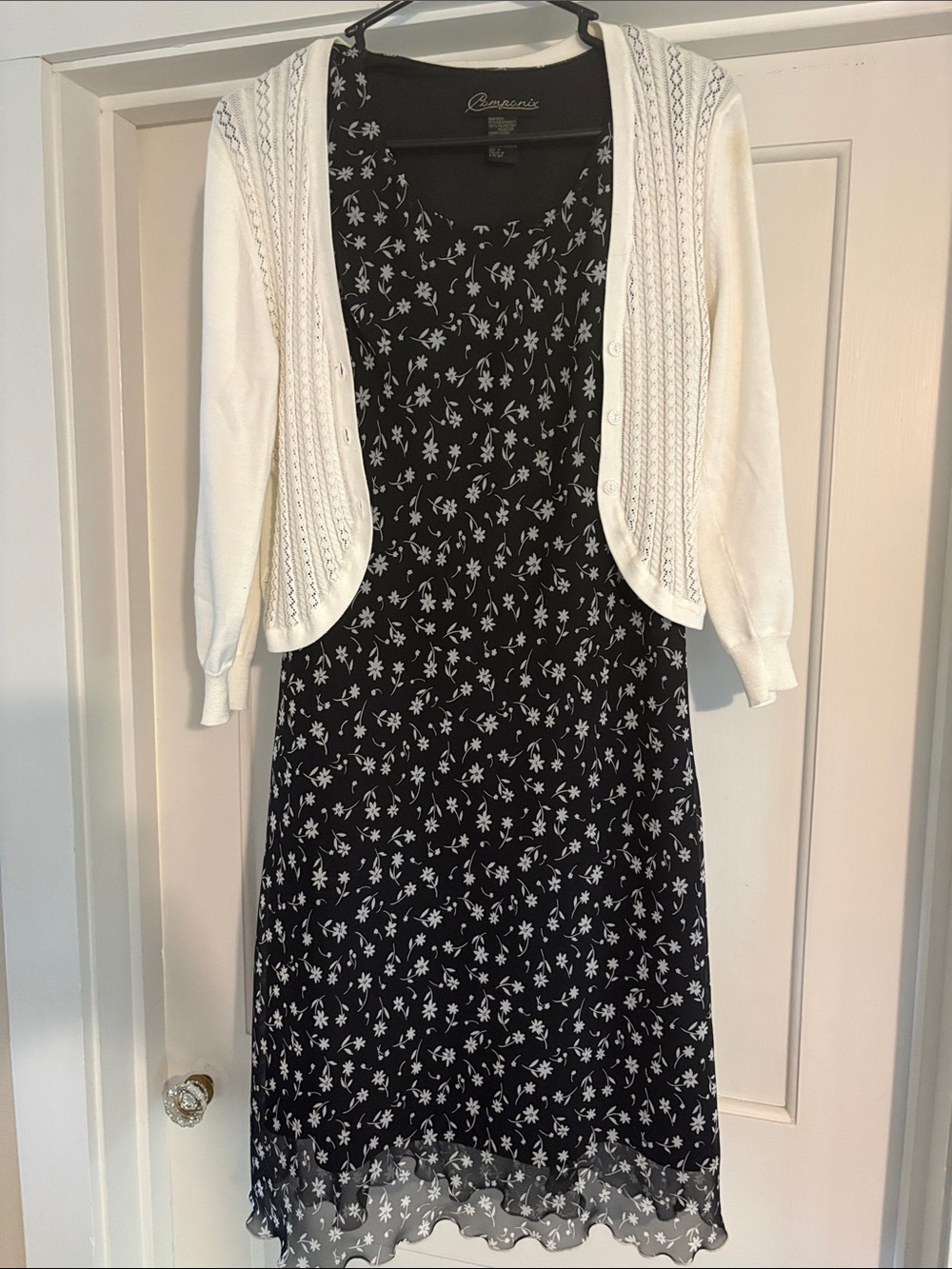 Black Floral Midi Dress with White Cardigan Layer